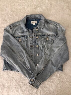 BP CLAUDIA SULEWSKI Blue Long Sleeve Button Cropped Raw Hem Denim Jean Jacket